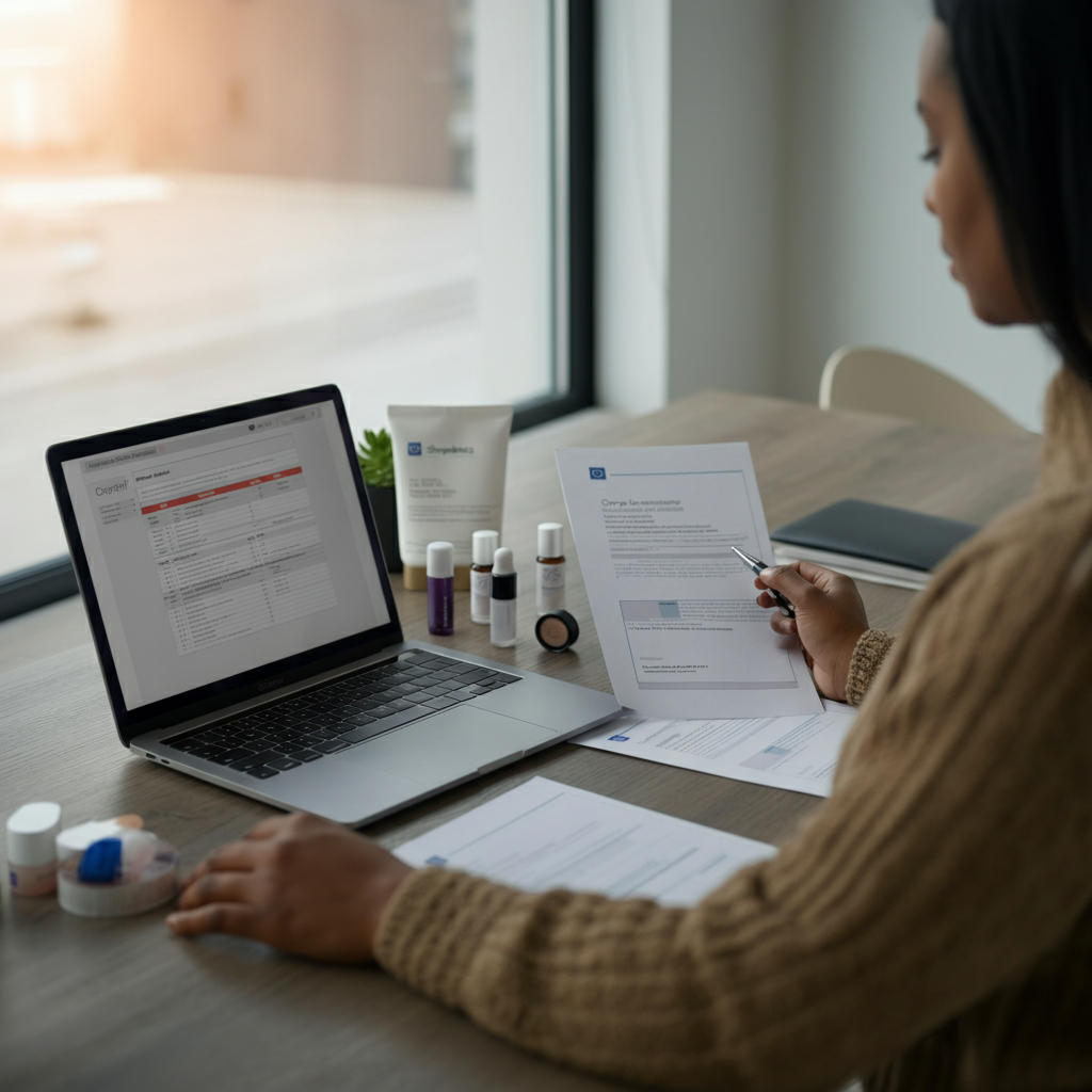 A British Shopify seller reviews Cpnp Cosmetics paperwork, product samples, and EU compliance documents at a clean office desk, ensuring regulatory safety.