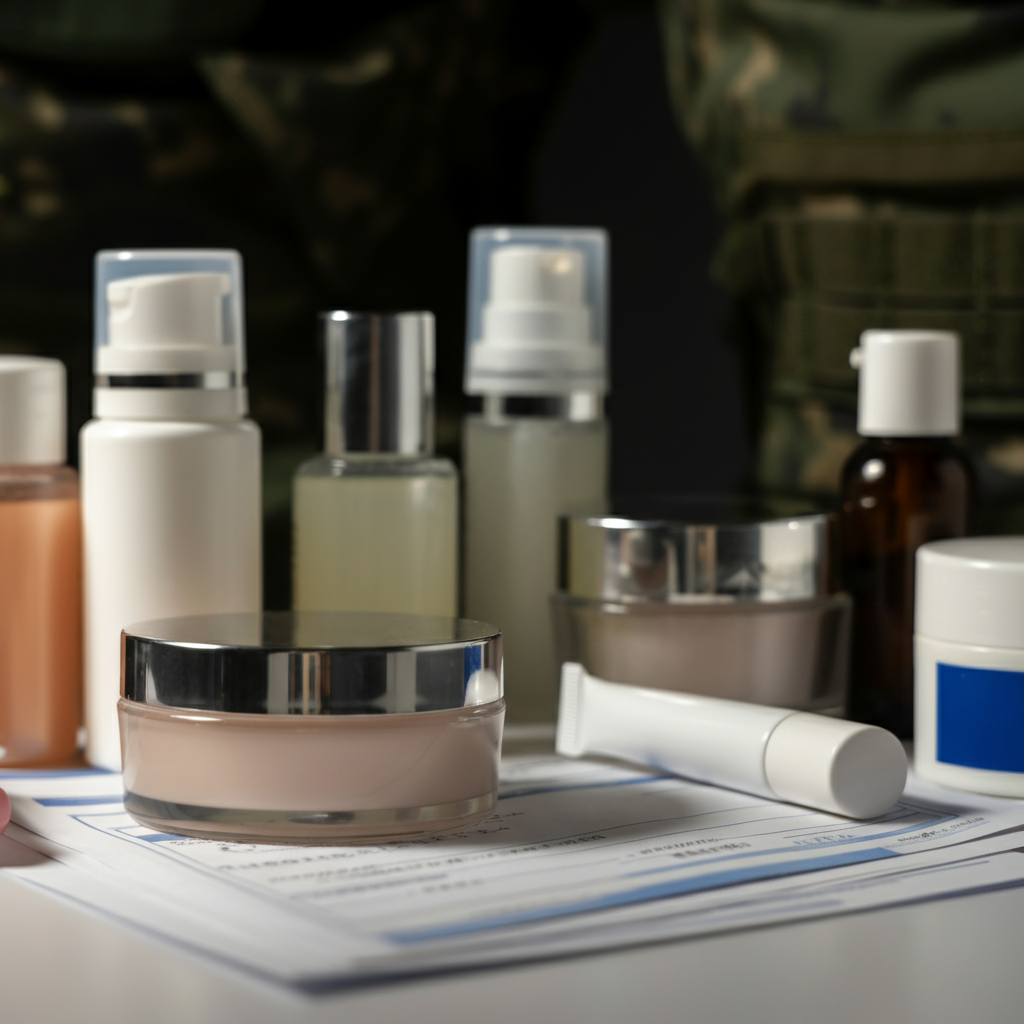 Cosmetic Compliance: Assorted cosmetic bottles, jars, and tubes with EU regulatory documents in the background, representing compliance steps for Chinese sellers exporting to the EU.