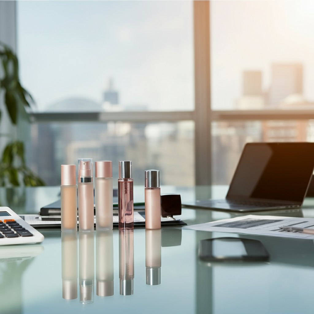 Five cosmetic product packages with cost documents and a digital tablet, illustrating Eu Cpnp notification cost breakdown for 5 SKUs in a modern office setting.