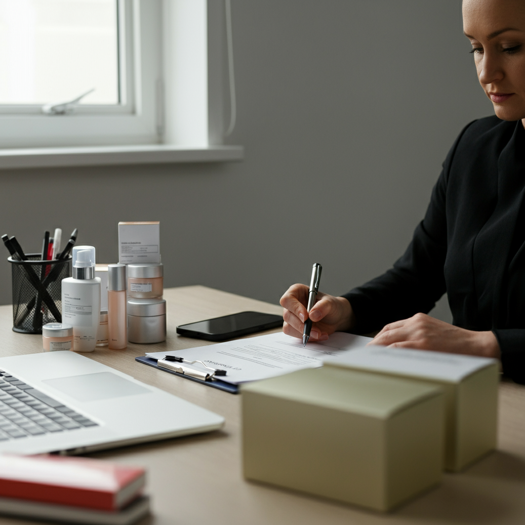 Cosmetic Responsible Person reviewing product documentation and compliance paperwork in a modern British office to ensure adherence to Regulation 1223/2009.
