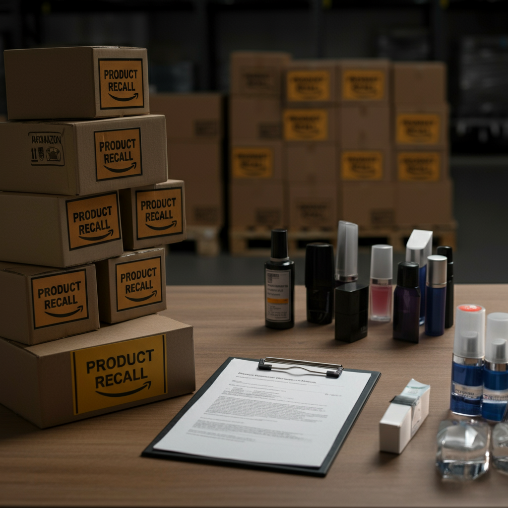 Cosmetic Compliance featured image showing a British cosmetics warehouse with recall-marked boxes, compliance checklists, and EU regulatory documents for Amazon sellers.