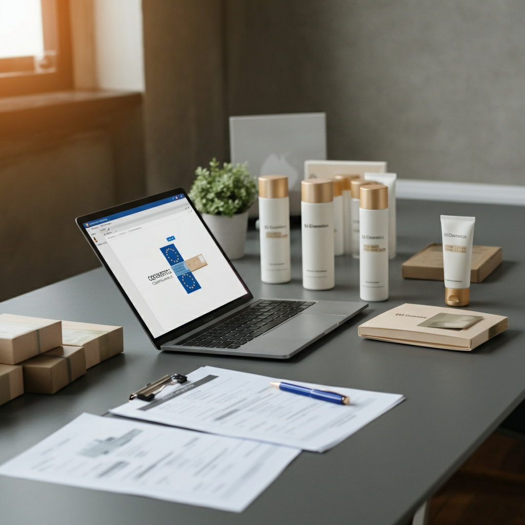 Professional office workspace with EU cosmetics compliance documents, software, and product packaging referencing Ec No 1223 2009 for 2026 regulations.
