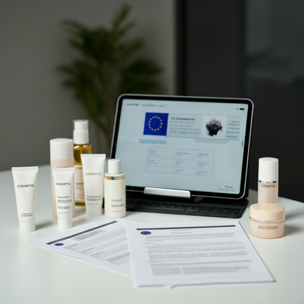 Several cosmetic products arranged with compliance paperwork and a tablet showing regulatory documents in a modern office, highlighting EU Cosmetics requirements for Amazon FBA sellers.