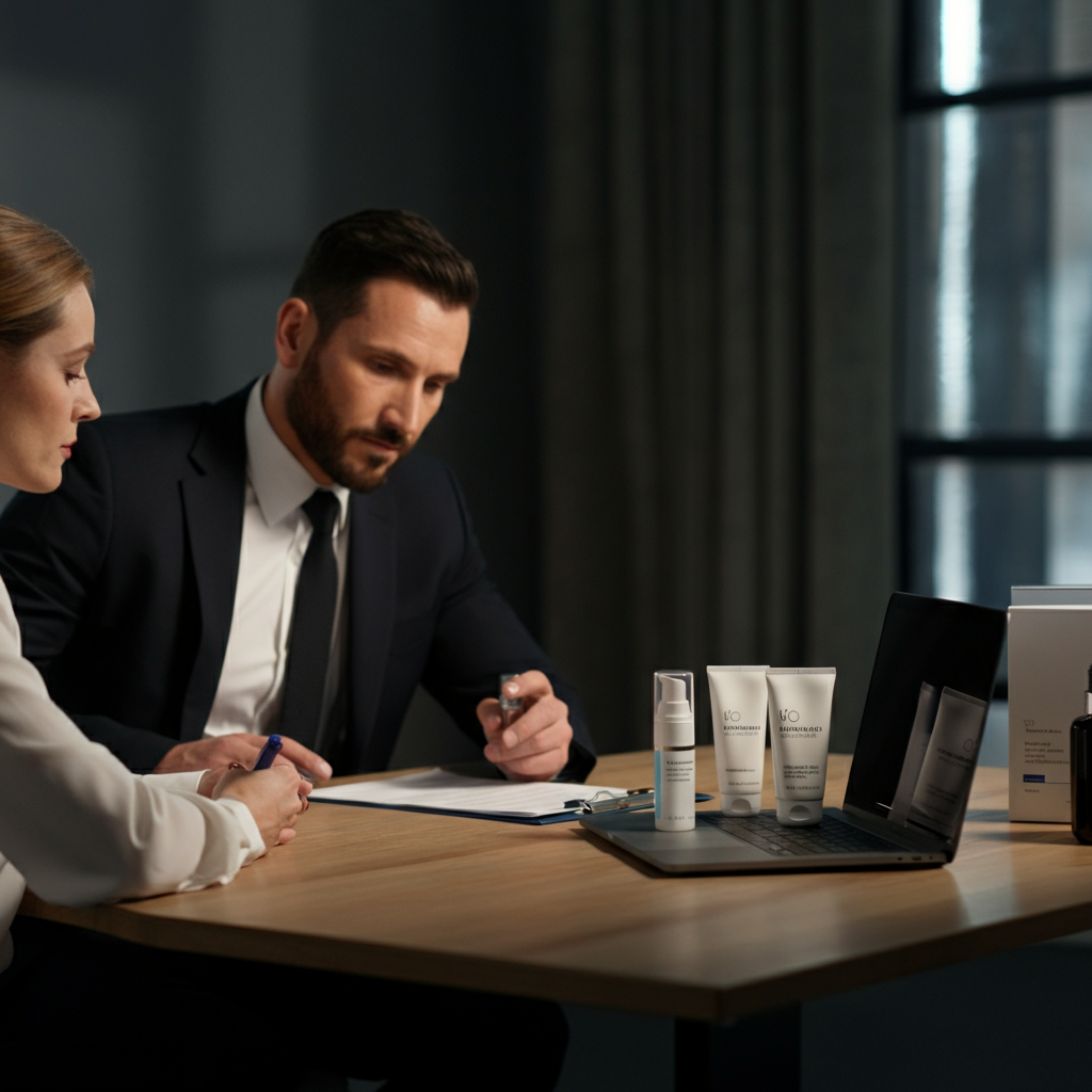 Cosmetic Industry Regulations visual: British compliance officer inspecting cosmetic products with regulatory paperwork and digital forms in a modern UK office.