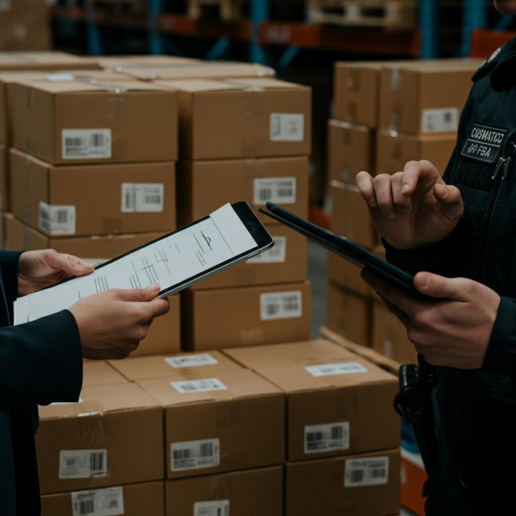Regulation 1223 2009 EC compliance visual: business professional and customs officer inspecting cosmetic product boxes in a UK warehouse for Amazon FBA.