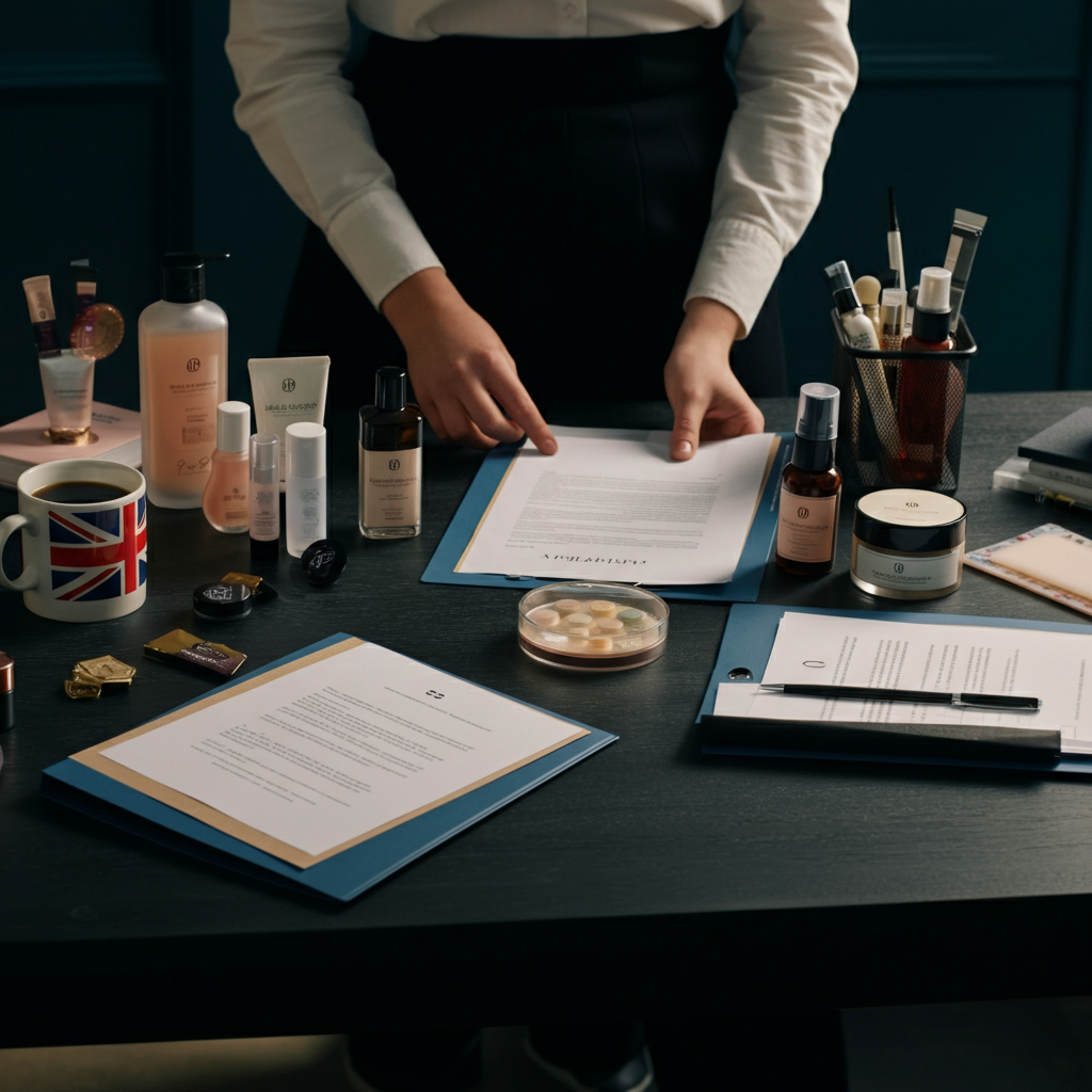 A modern office table with organised cosmetic products and compliance documents, showing Cpsr Cosmetics safety assessment in a UK indie beauty brand context.
