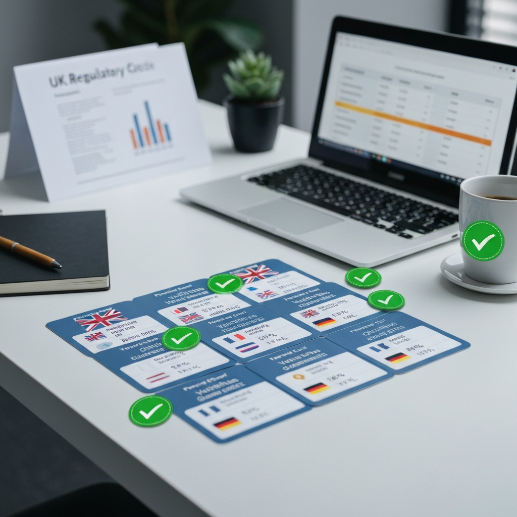 Six B2B data provider scorecards laid side by side on a British office desk showing verification depth ratings, bounce rate guarantees and country flags for UK, US, Germany and France — amazon seller directory comparison for 2026 outreach