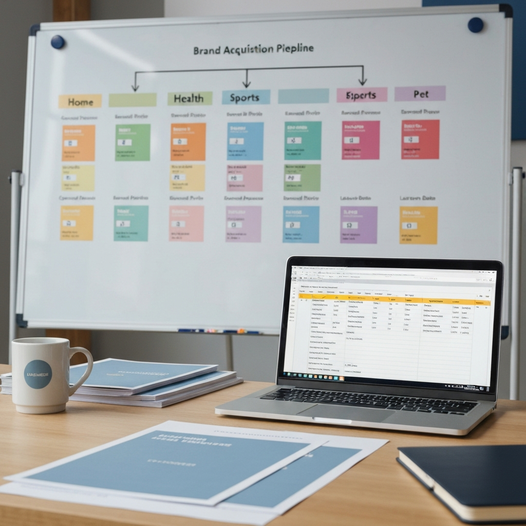 A deal flow whiteboard showing a segmented Amazon brand acquisition pipeline categorised by revenue tier and product category, used by brand aggregators to build an accurate list of Amazon brands for M&A outreach