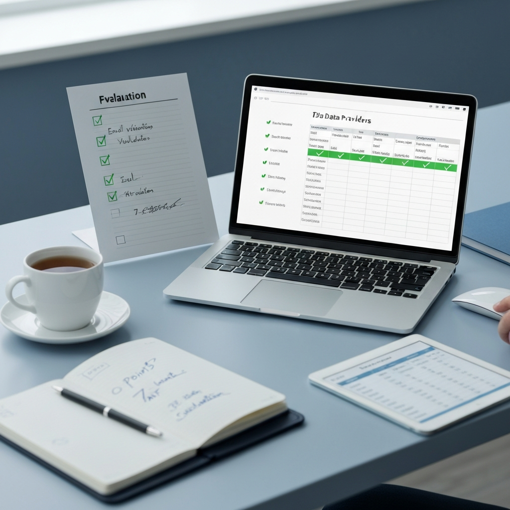 Procurement evaluator at a British office desk scoring multiple Amazon seller database providers on a seven-point quality checklist, with laptop showing comparison spreadsheet and verification criteria columns