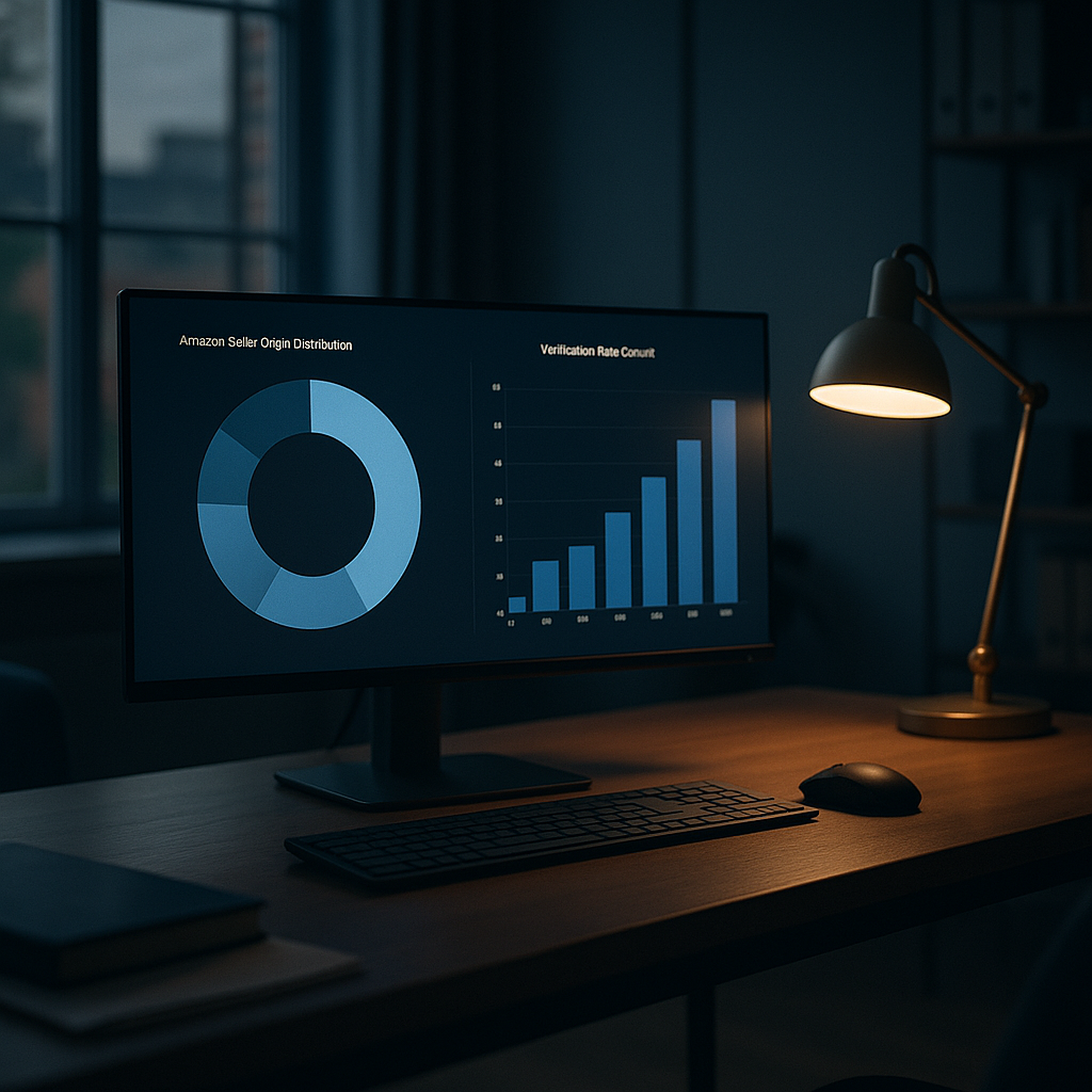 Widescreen analytics dashboard on a large monitor in a calm modern British data-intelligence office, charts showing Amazon seller-origin distribution and verification-rate cohorts