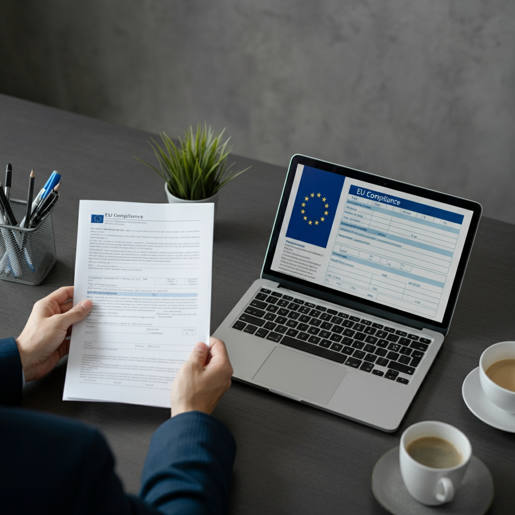 Appoint Representative visual: hands holding EU compliance documents with an open laptop showing regulatory forms in a modern office, illustrating the EU compliance process.
