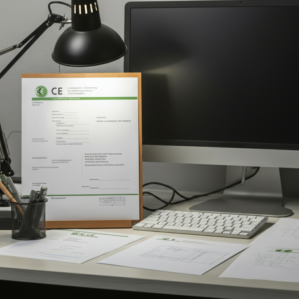 CE Marking Technical File Checklist: Professional desk with CE marking technical files, declarations of conformity, and test reports for EU authorised representatives in 2026.