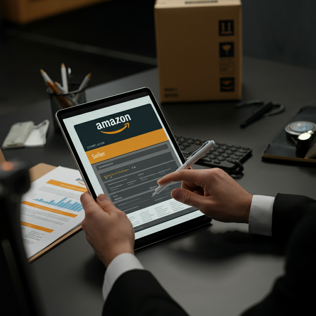 Contact A Seller Amazon: UK FBA sellers collaborate in a compliance-focused office, reviewing outreach procedures and Amazon-branded packaging.