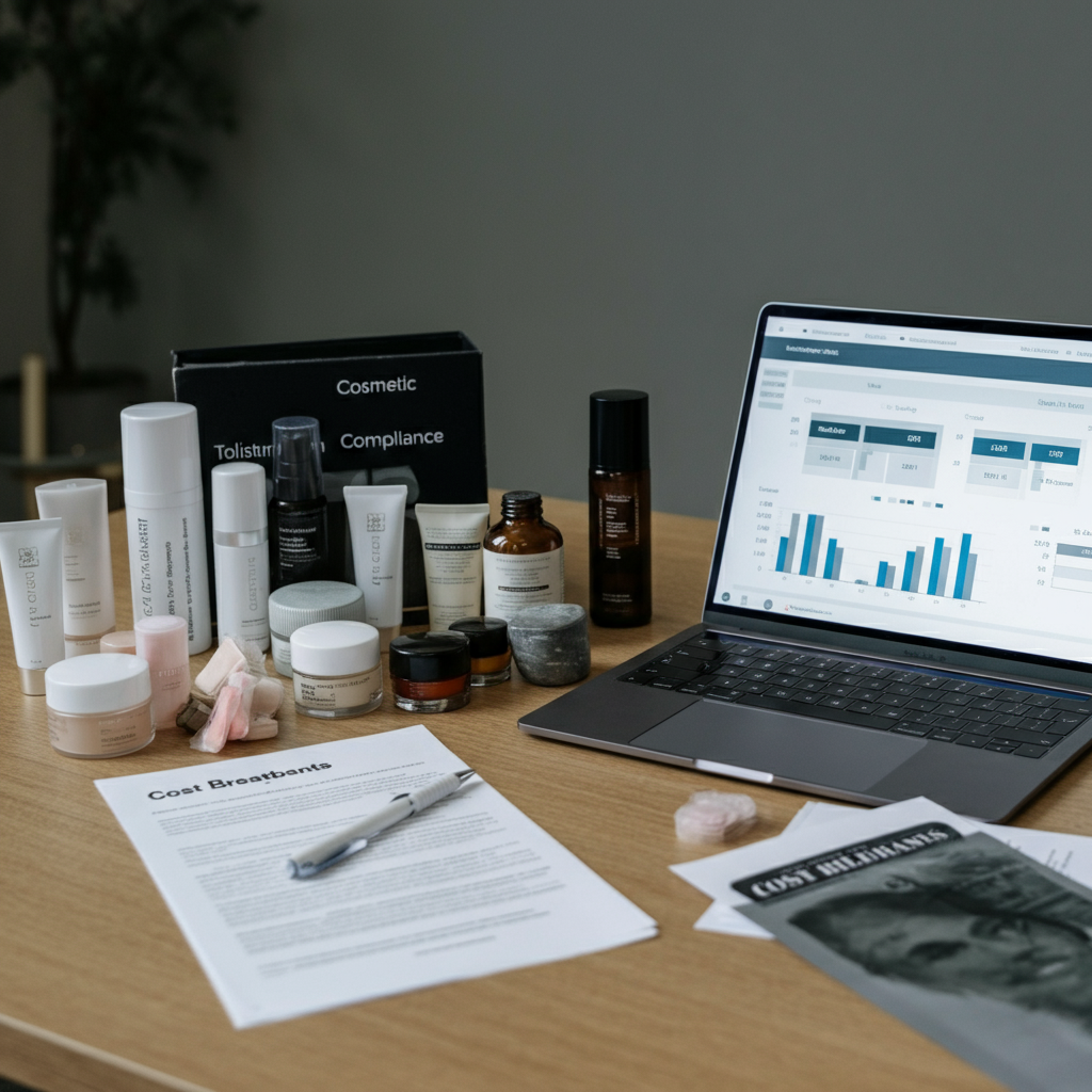 Cosmetic Compliance paperwork, beauty product containers, and a laptop displaying cost breakdown charts in a modern UK business office for Shopify brands in 2026.