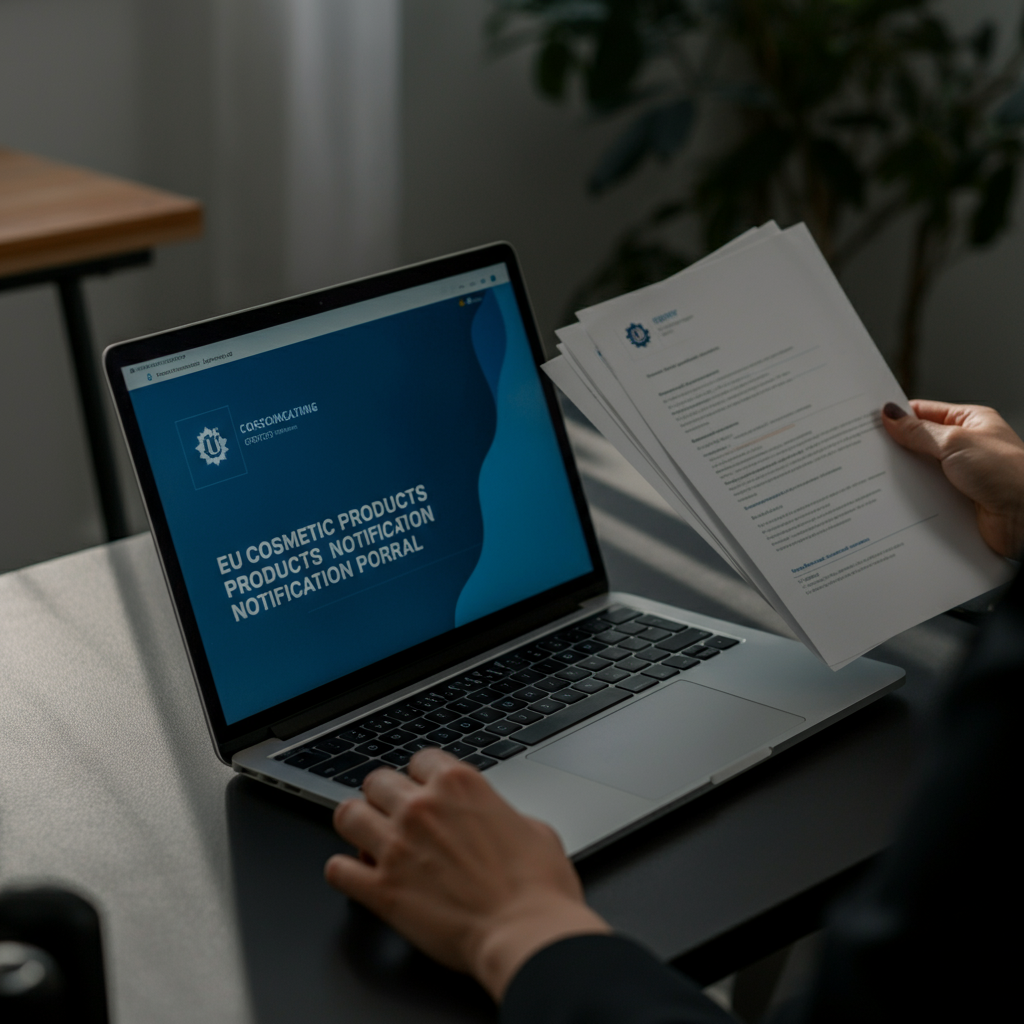 A consultant reviews regulatory documents and the Cosmetic Products Notification Portal dashboard at a modern office desk, demonstrating EU compliance steps.