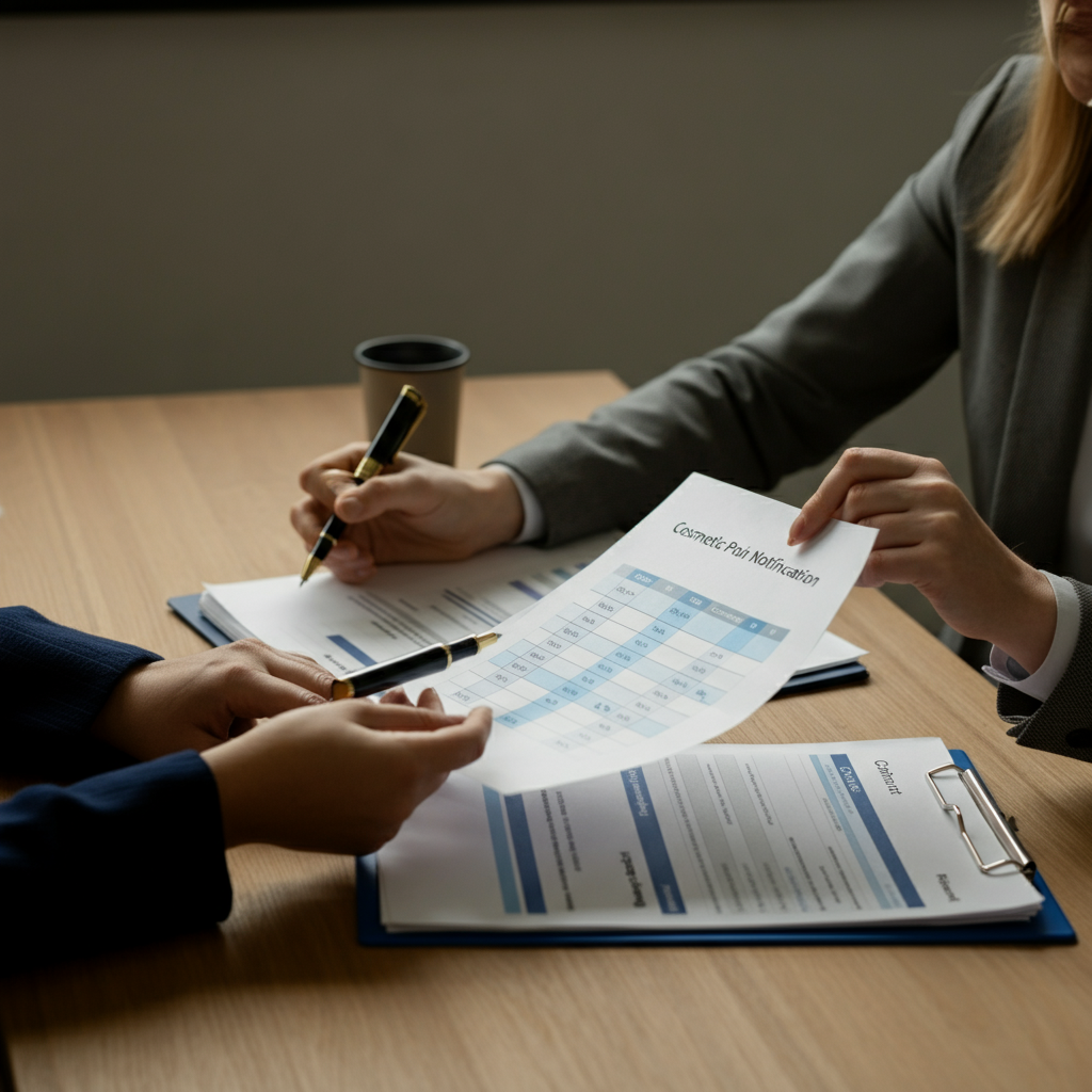 Hands of two professionals reviewing Cosmetic Product Notification cost comparison charts and compliance documents for Eldris vs Biorius in a UK/EU regulatory office.