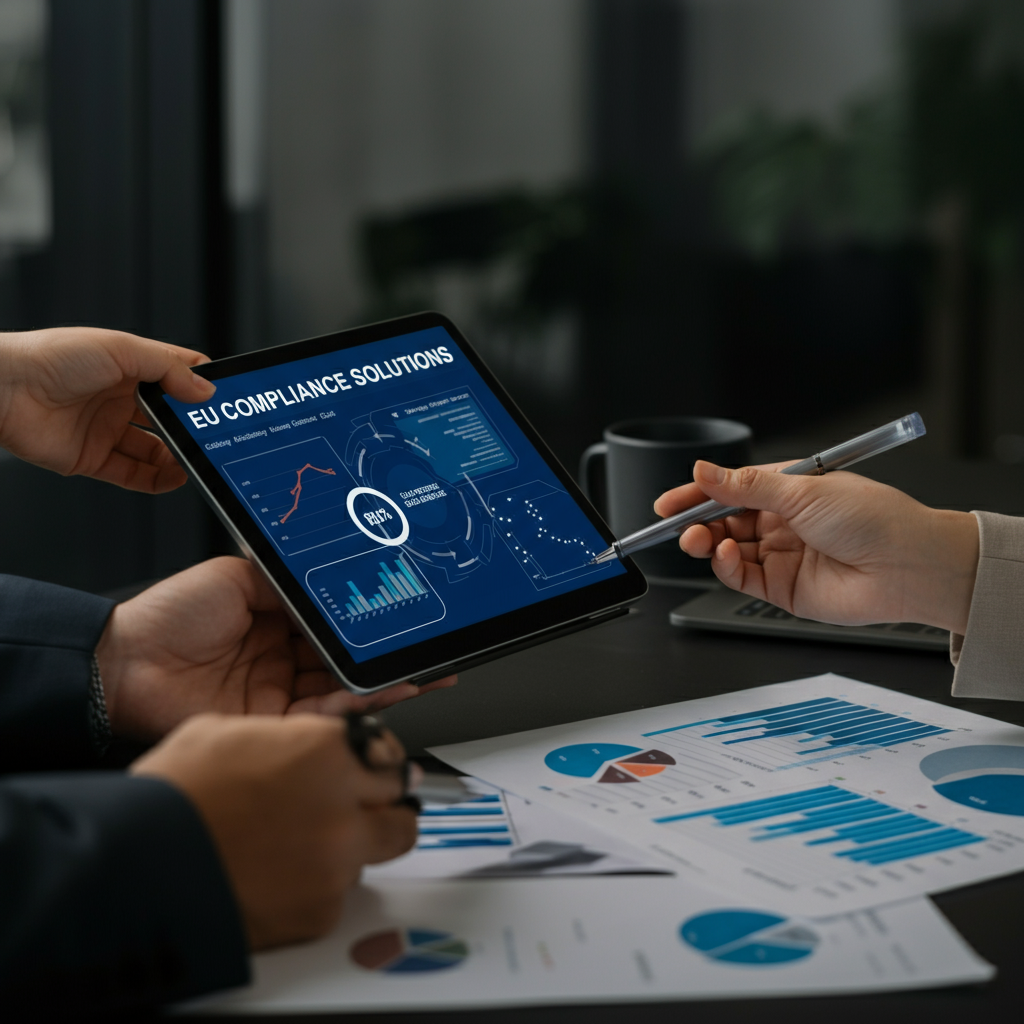 Hände von britischen Geschäftsleuten, die gedruckte und digitale Diagramme zur Kostenaufschlüsselung der EU-Konformität in einem modernen Büro vergleichen, wobei die Entscheidungsfindung zur Konformität für 2026 im Vordergrund steht.