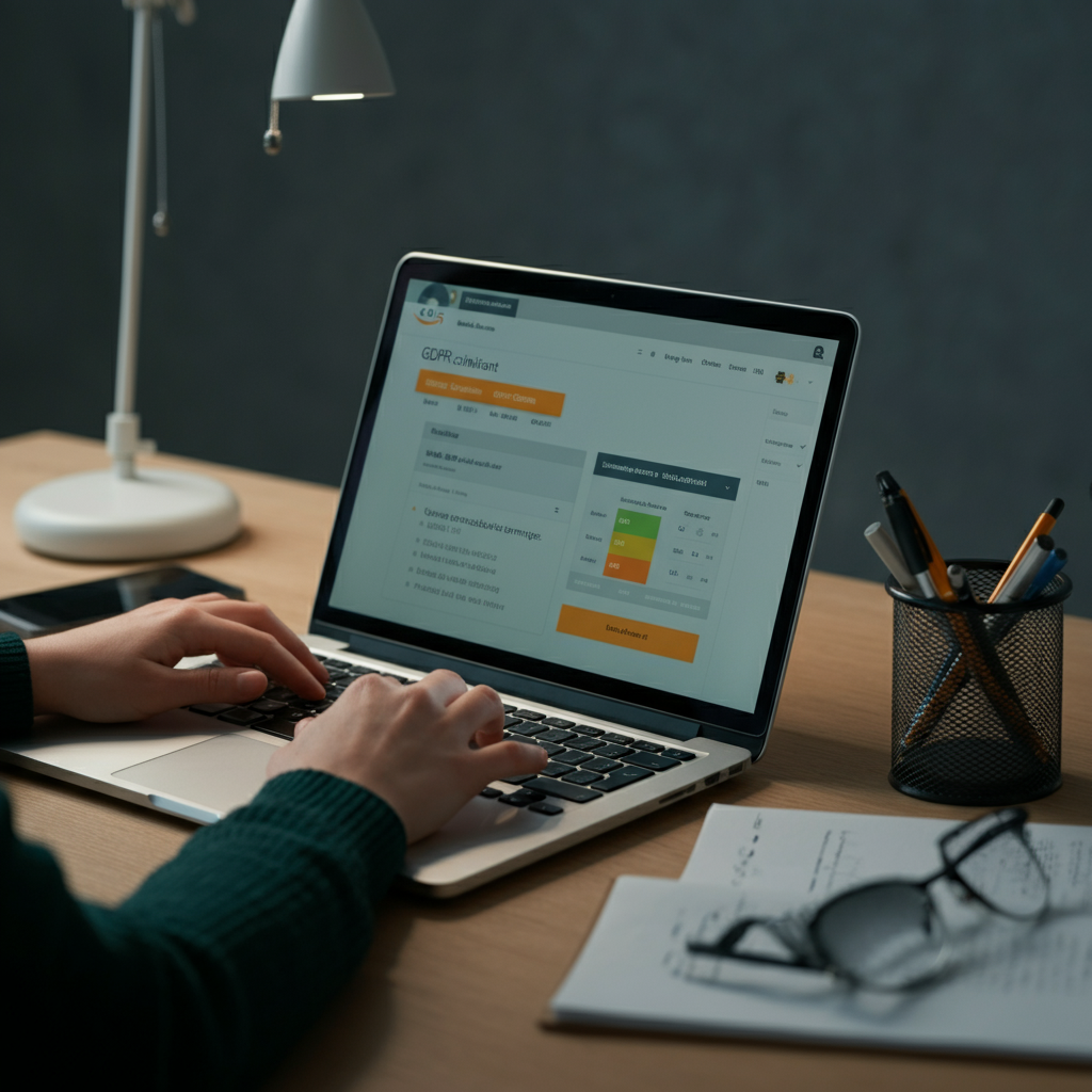 How Do I Find A Seller On Amazon without risking GDPR violation, showing a modern British office with hands researching compliant seller data.