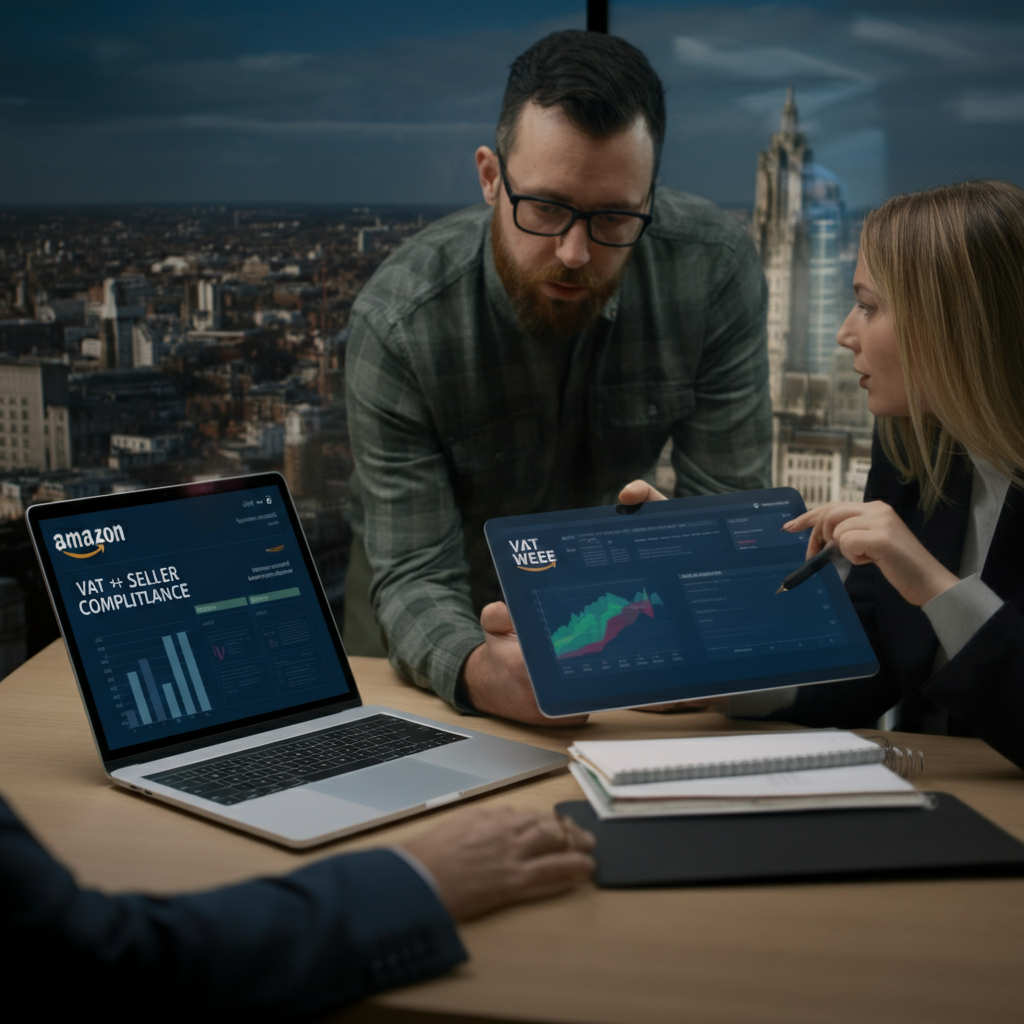 How Do I Look Up A Seller On Amazon for WEEE and VAT validation? British business professionals reviewing compliance documents and digital VAT/WEEE data in an office.
