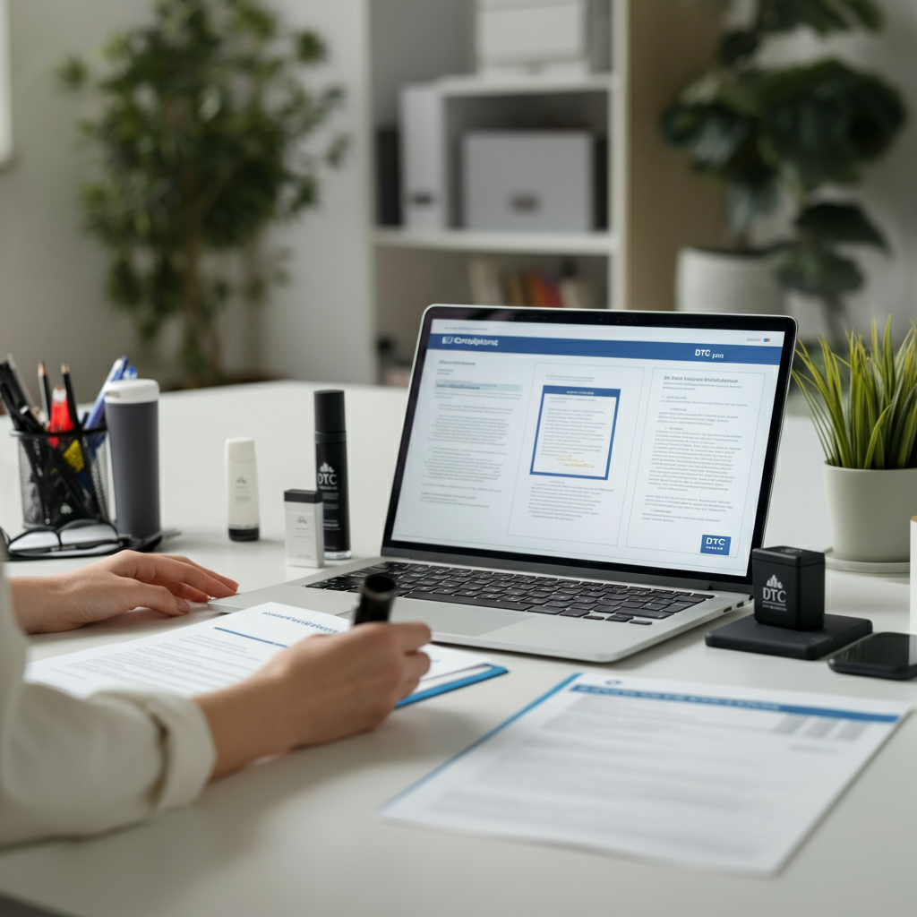 Marktüberwachungsverordnung 2019/1020 visualisiert in einem britischen Büro mit Compliance-Unterlagen, Laptop und DTC-Produktmuster für die EU-Konformität.