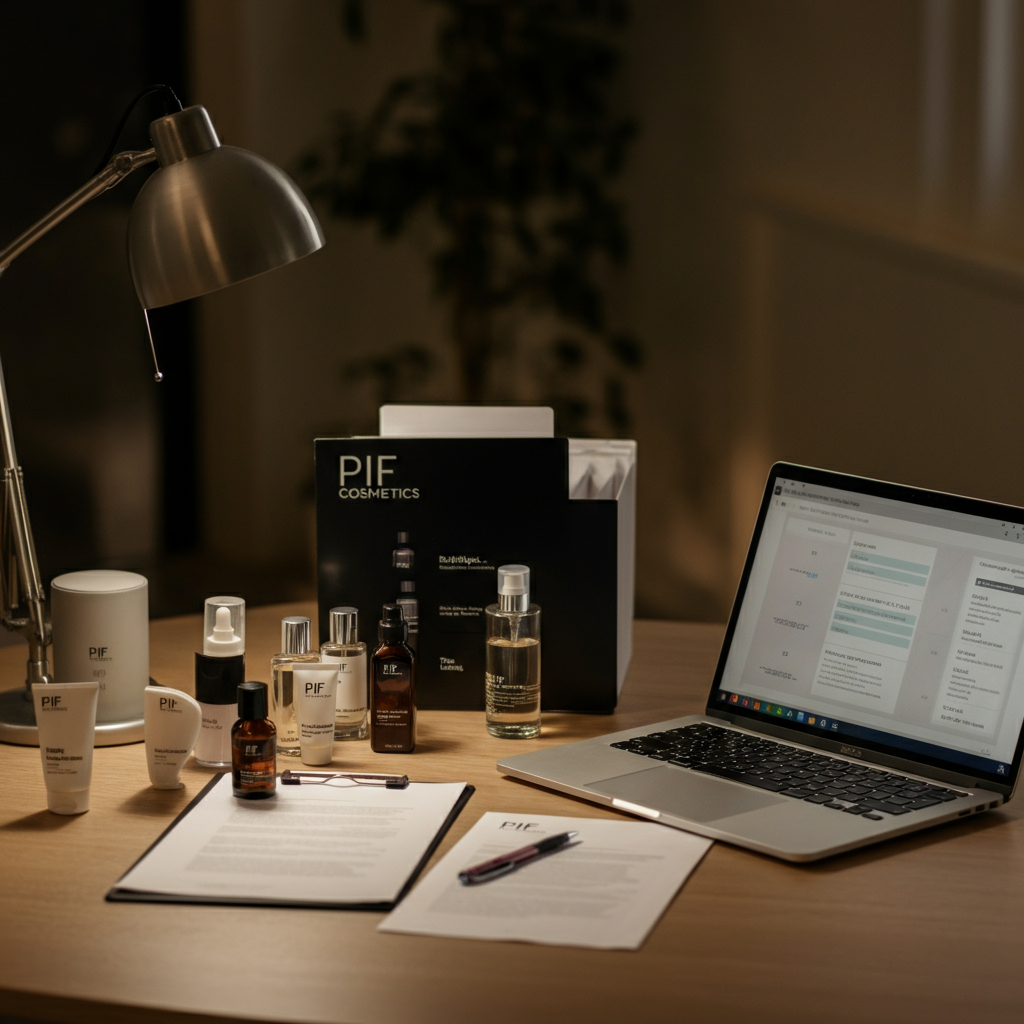 整洁的办公桌上摆放着化妆品瓶、监管文件和一台笔记本电脑——可视化展示英国/欧盟独立美妆品牌的PIF化妆品合规性。