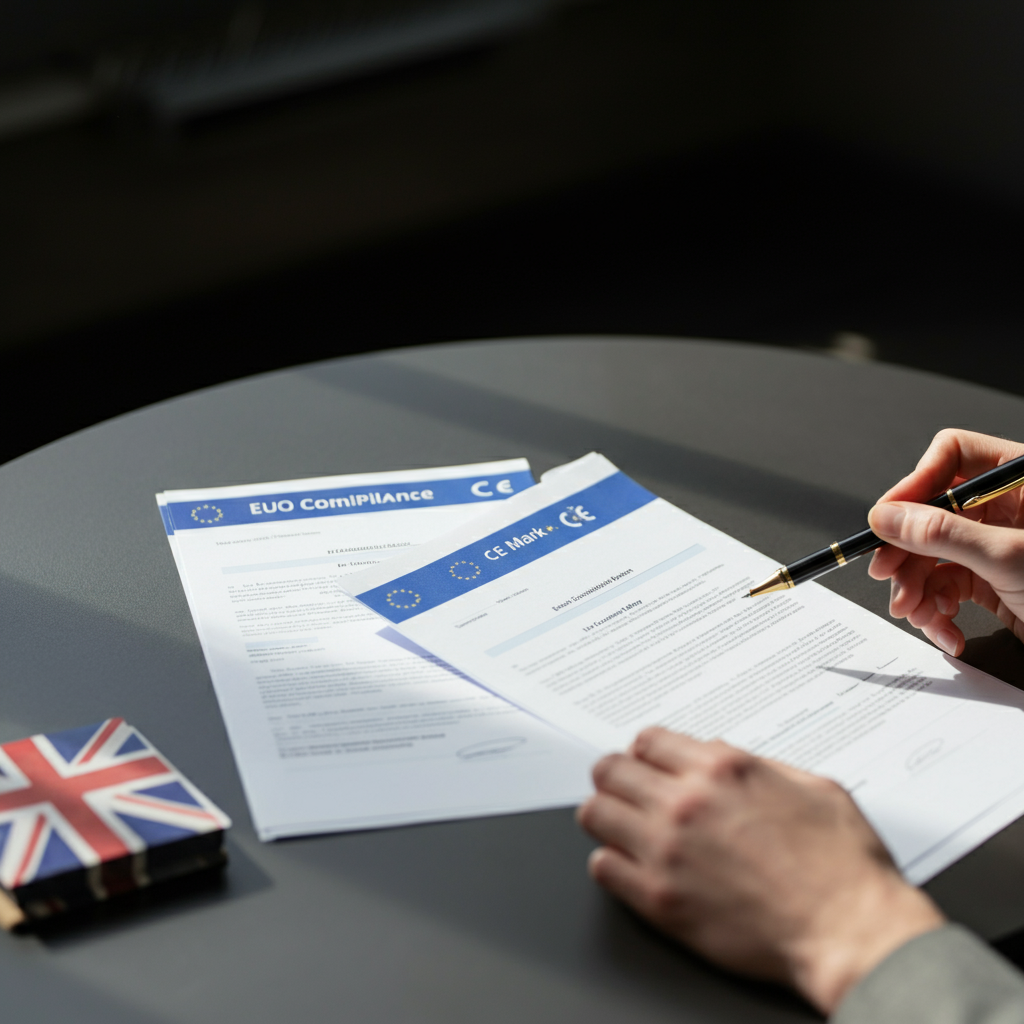 Hände prüfen Konformitätsdokumente und CE-Kennzeichen-Zertifikate auf einem britischen Bürotisch, was die Anforderungen der Marktüberwachungsverordnung für britische Verkäufer veranschaulicht.