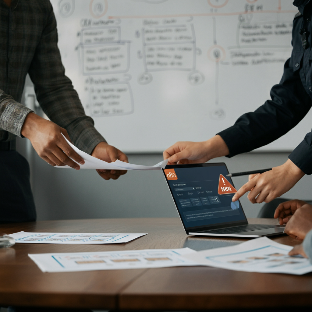 Hands collaborating over workflow diagrams and a laptop showing an n8n error alert, illustrating broken validation and deployment risk.