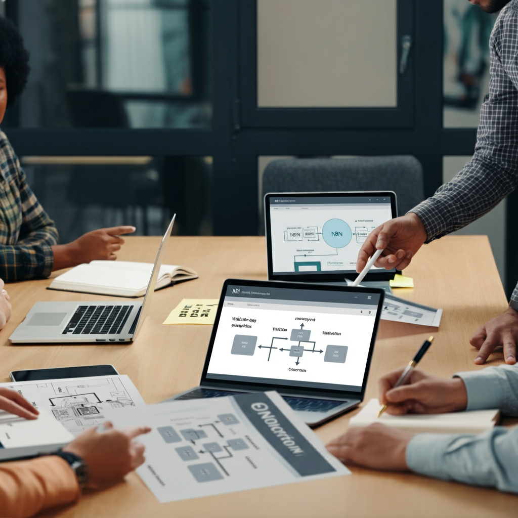 A team collaborates over printed n8n workflow diagrams and validation checklists, emphasizing best practices to avoid hallucinated node configs.
