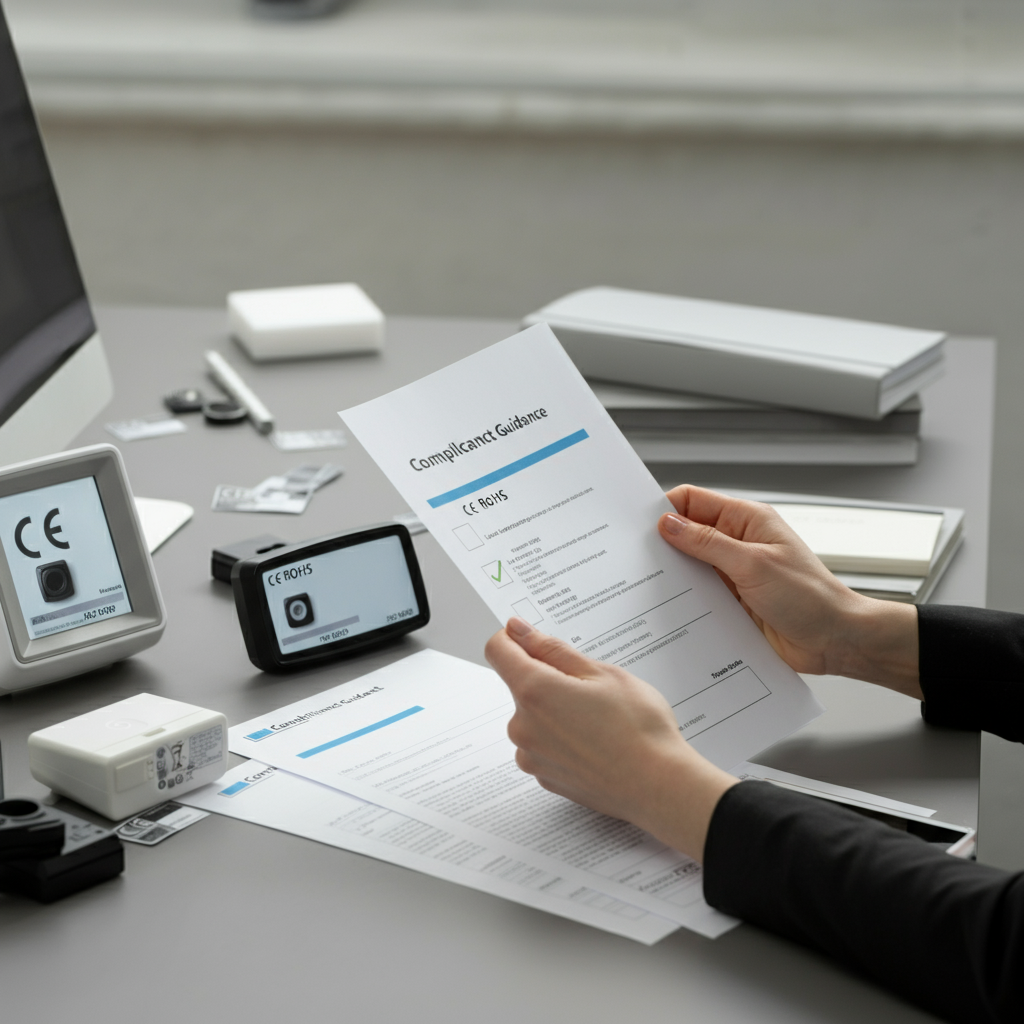 Hands reviewing a compliance checklist with CE and RoHS labelled electronics and regulatory paperwork, illustrating key 2026 compliance steps.