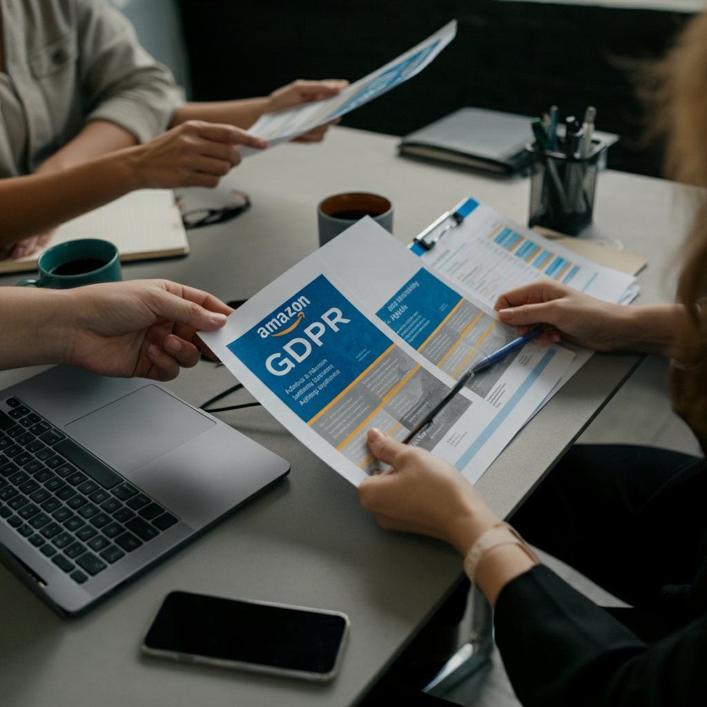 Hands collaborating over Amazon seller contact lists and GDPR documents in a modern office, illustrating EU B2B lead quality verification.