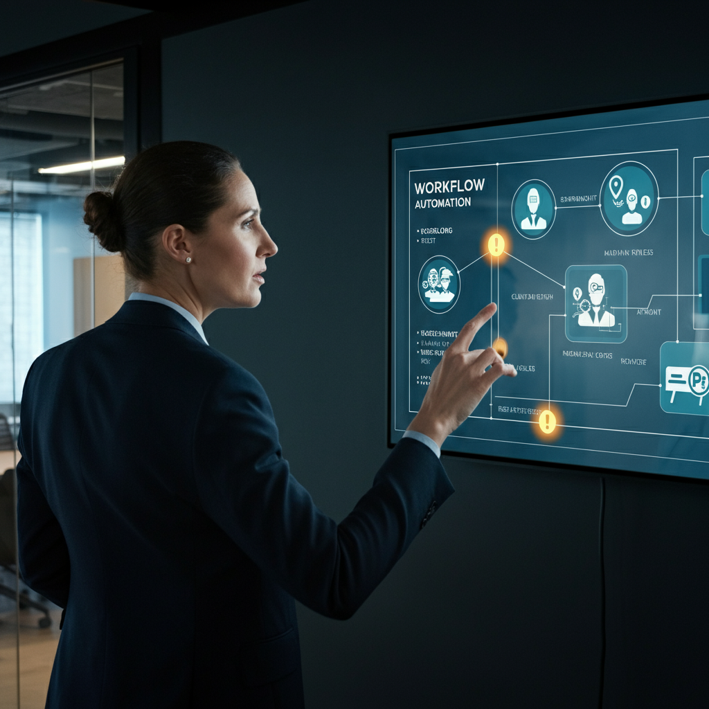 A consultant reviews workflow automation diagrams and risk alerts on a large display, highlighting validation issues in business automation tools for 2026.