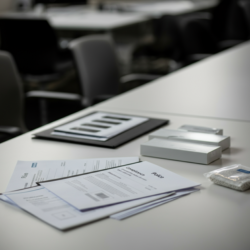 Orderly display of electronics and compliance documentation for Restriction Of Hazardous Substances Rohs Directive in a UK Shopify business office.