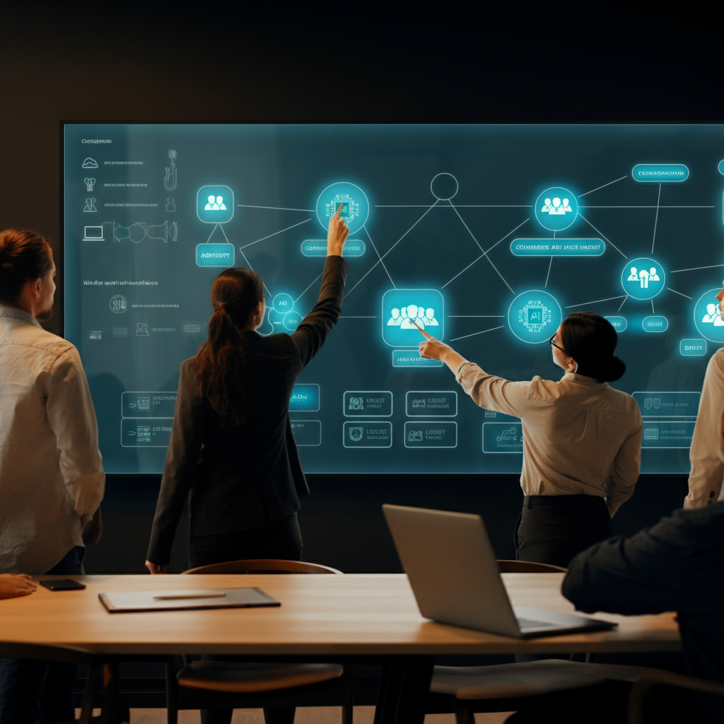 Hands collaborating on a digital whiteboard with interconnected nodes, illustrating teamwork and structured setup in Ai Agent Workflows.
