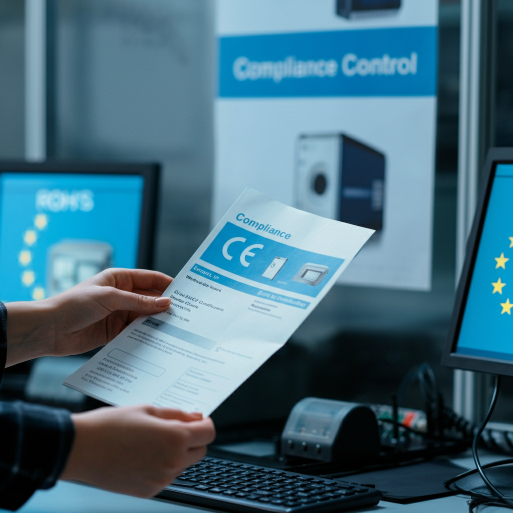 Hands reviewing compliance documents and Ce Marking Rohs-labelled electronics in a UK quality control zone, highlighting 2026 EU requirements.