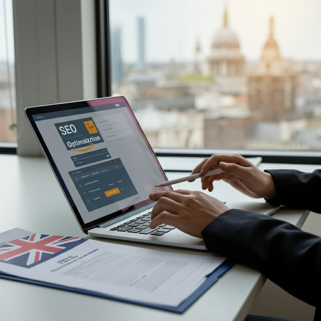 Team members’ hands review Amazon UK compliance checklists and SEO dashboards in a modern London office, illustrating Amazon SEO optimization post-Brexit.