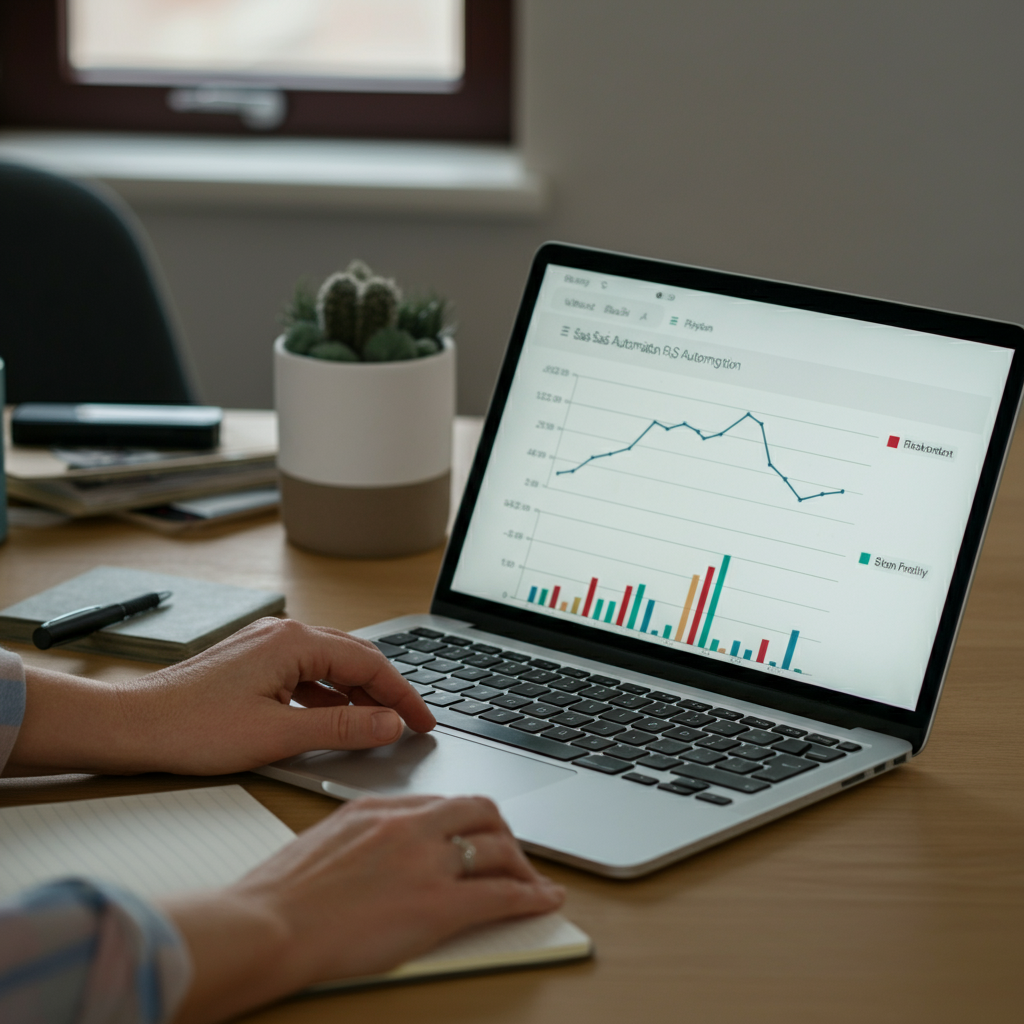 Printed workflow automation cost breakdown and SaaS expenses being reviewed by a solopreneur in a UK home office, supporting 2026 budgeting decisions.