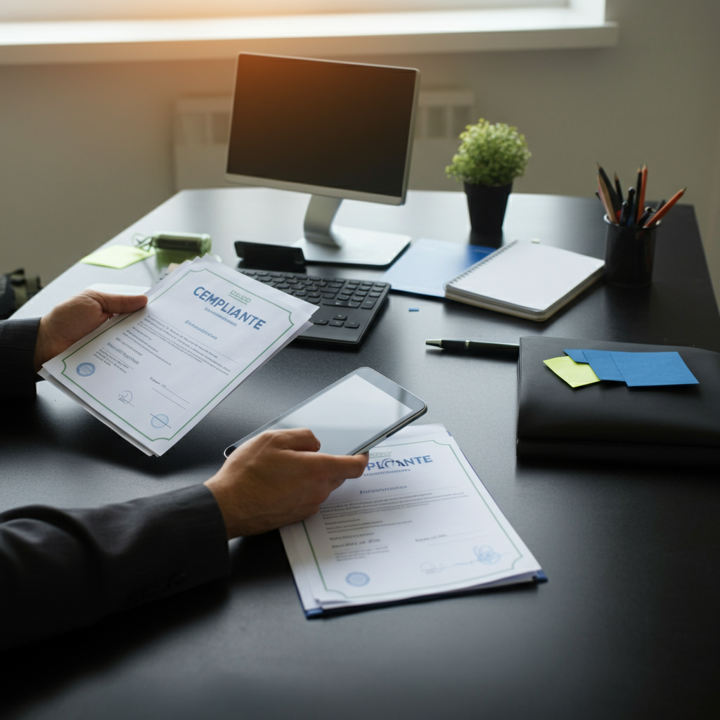 Hands checking a RoHS compliance certificate and electronic device, with EU and UK flags, illustrating key risks for eBay sellers.