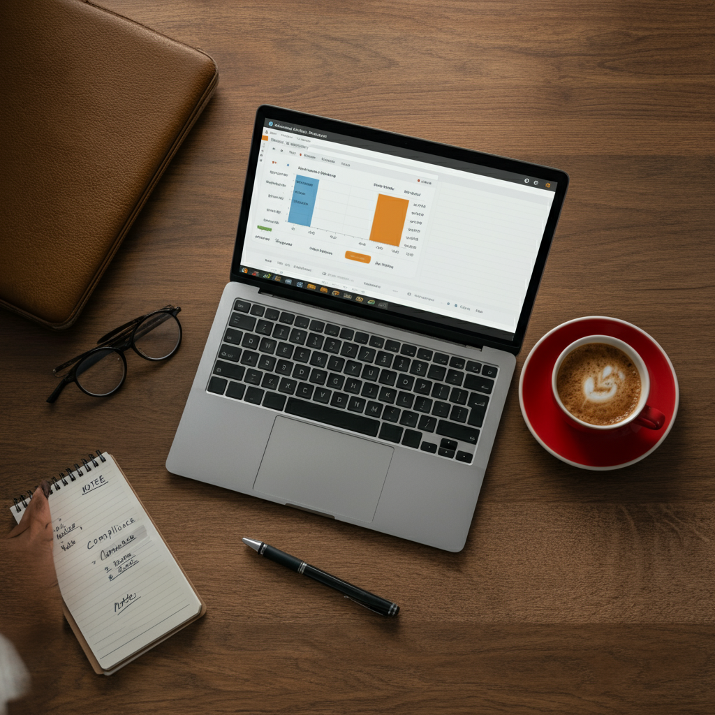 Illustration of a compliance-focused workspace with a laptop displaying Amazon seller data, notepad, and coffee, supporting How To Find A Seller On Amazon.