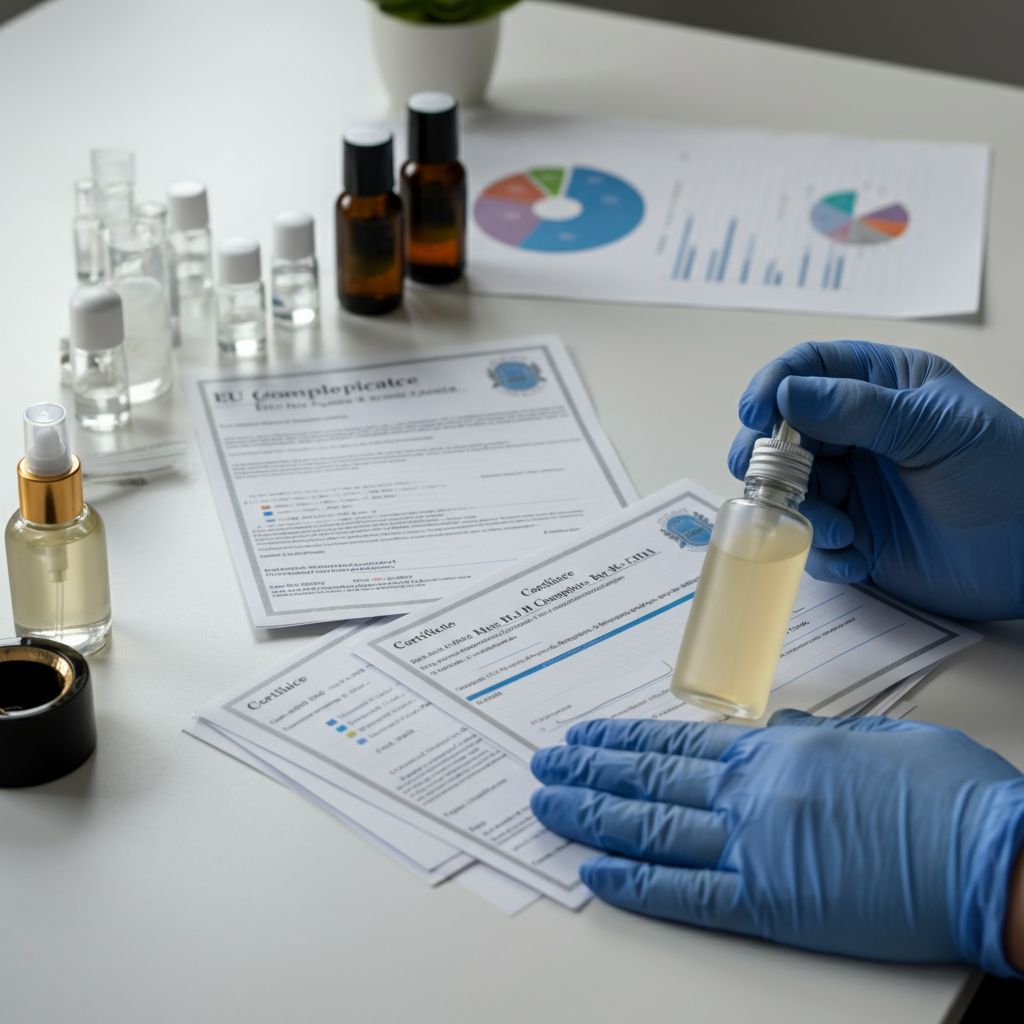 Desk with cosmetic samples, EU compliance documents, and gloved hands reviewing a checklist for Cosmetic Regulations Eu 2026 compliance.