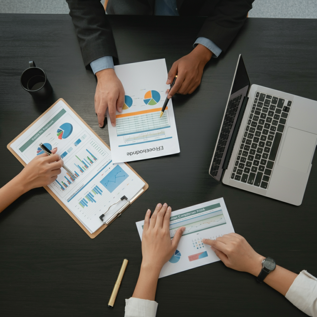 Professionals' hands collaborating over compliance reports and laptops, illustrating Best Amazon Seller brands in the EU facing GPSR-related sales risks.