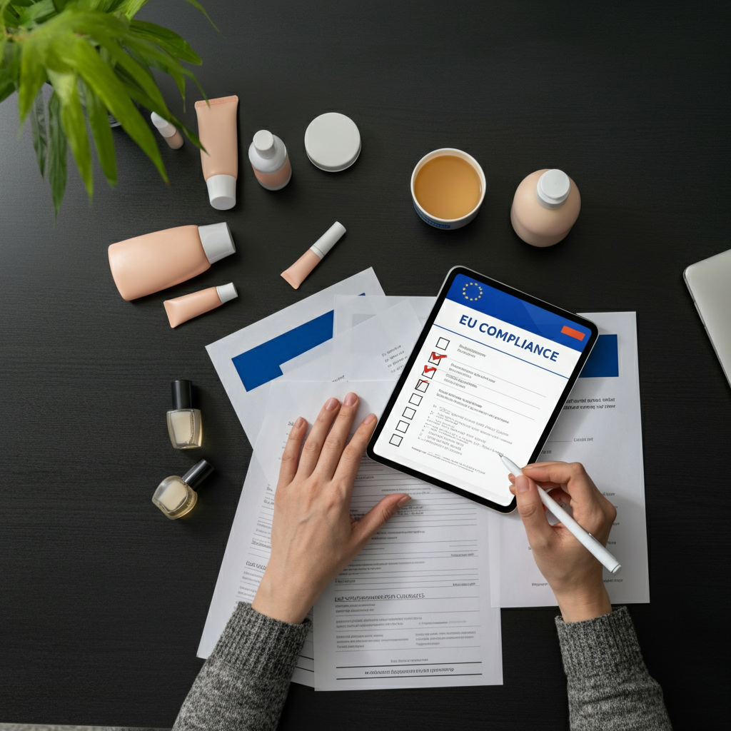 A modern office desk with cosmetics, compliance paperwork, and a tablet checklist, illustrating preparation for Cosmetic Regulations Eu 2026.