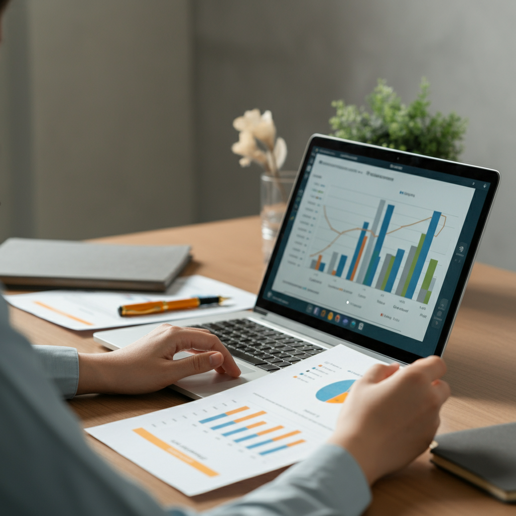 Lead Generation Examples concept: business professionals reviewing compliance reports and Amazon analytics together in a UK office setting.