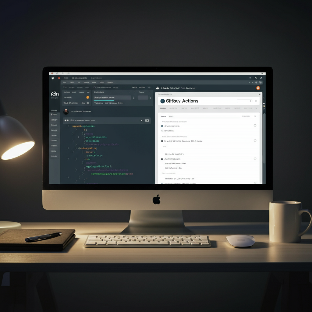 Workspace with a widescreen monitor displaying n8n workflow and GitHub Actions dashboard, representing troubleshooting GitHub Actions Trigger failures.