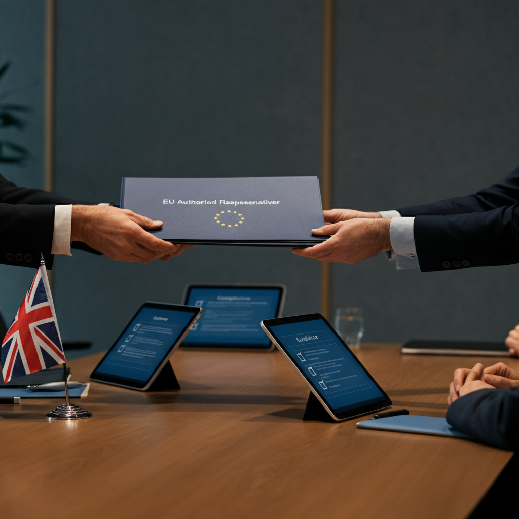 UK business professionals exchanging an 'EU Authorised Representative' folder in a conference room with compliance checklists and an EU flag centerpiece.