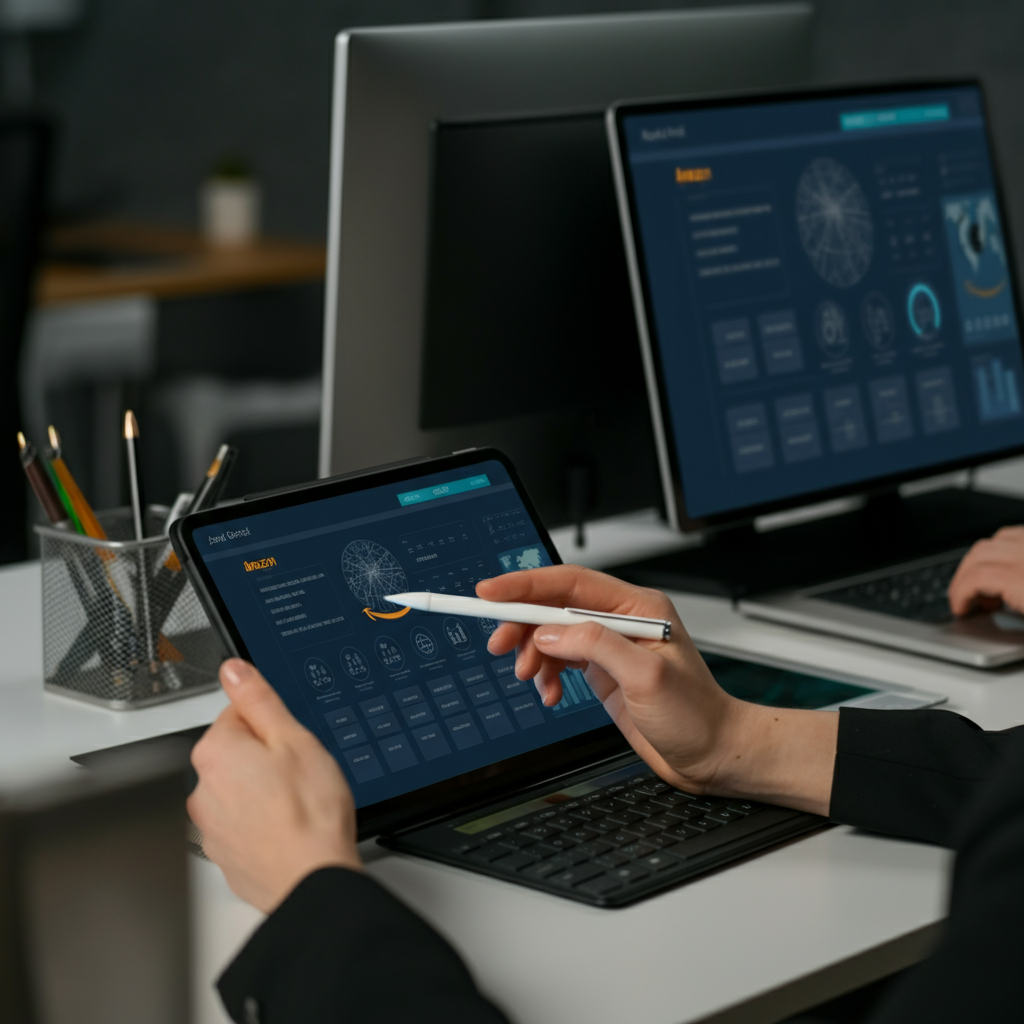 B2B marketers' hands collaborating over Amazon SEO tool dashboards and printed reports in a modern UK office, illustrating teamwork and data-driven strategy.