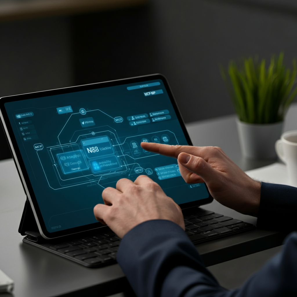 Hands using a tablet in a British office to manage an N8n Workflow integrating Google Antigravity and MCP-interactive, illustrating advanced automation.