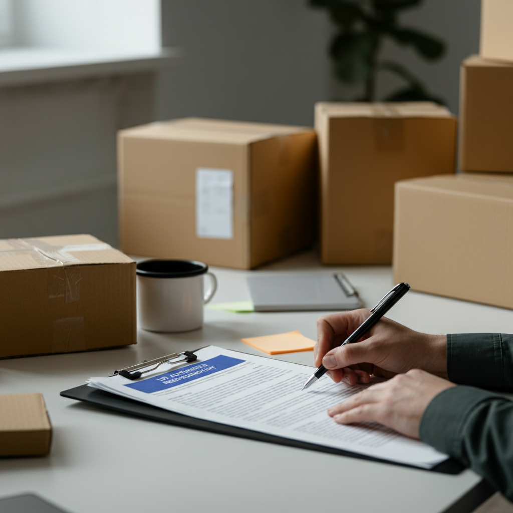 Hands signing an EU Authorised Representative contract in a British eCommerce shipping area with parcels and compliance checklists, symbolising 2026 seller readiness.