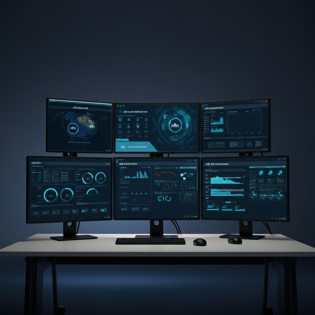 Team workspace with laptops displaying n8n Automation Apis dashboards, illustrating resilient MCP server integration in a UK business setting.