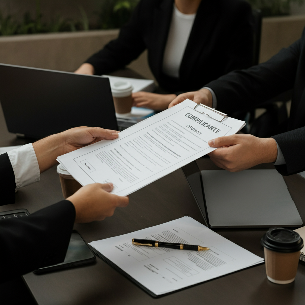 Hands of business professionals exchanging EU compliance certificates and regulatory forms, illustrating collaborative preparation for EU market entry.