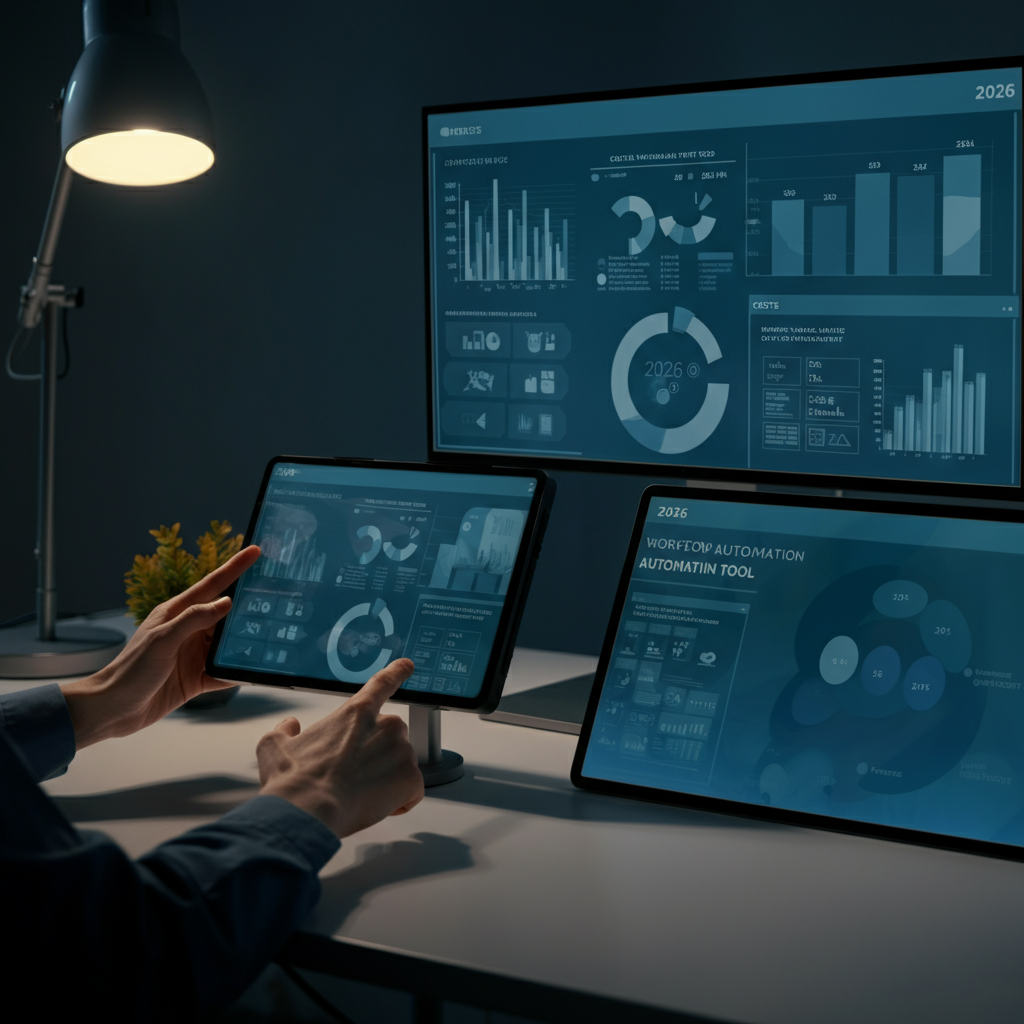 Interactive digital screens in a UK office compare cost and features of workflow automation tools for 2026, highlighting ag8n and competitors.